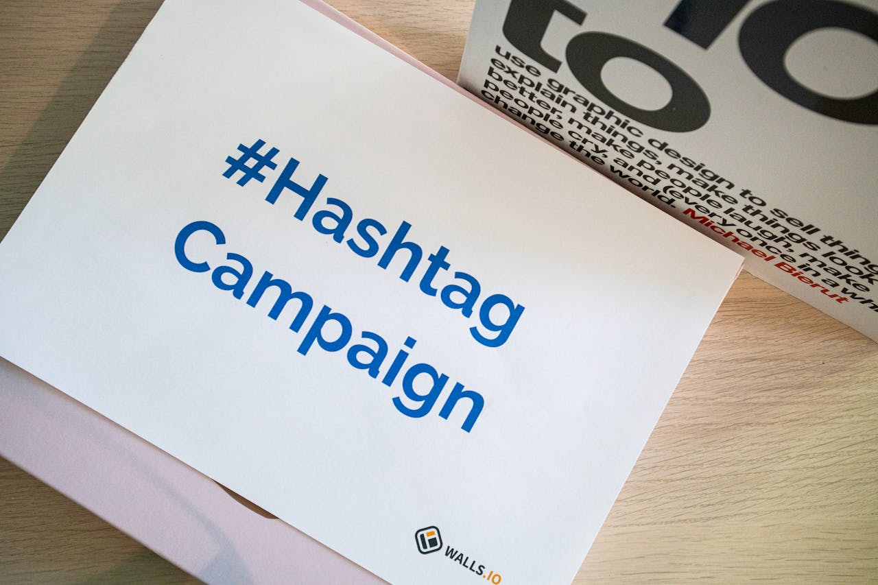 A concept image of a hashtag campaign displayed on paper for marketing strategies.
